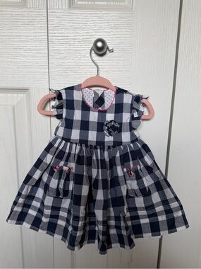 Navy & White Gingham Toddler Dress with Pink Bow Accents